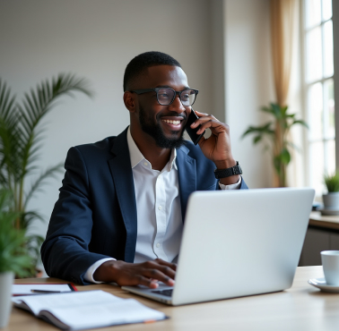 Homem de fato a trabalhar num escritório moderno, sorrindo enquanto fala ao telefone e usa um computador portátil, com luz natural e plantas decorativas ao fundo.